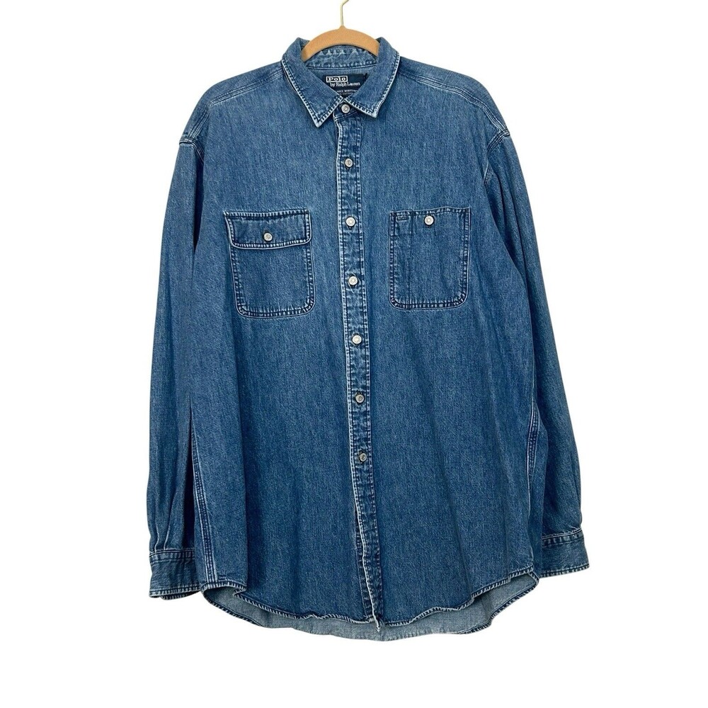 Vintage 90s Ralph Lauren Big Shirt Mens XL Denim Button Down Red Pony